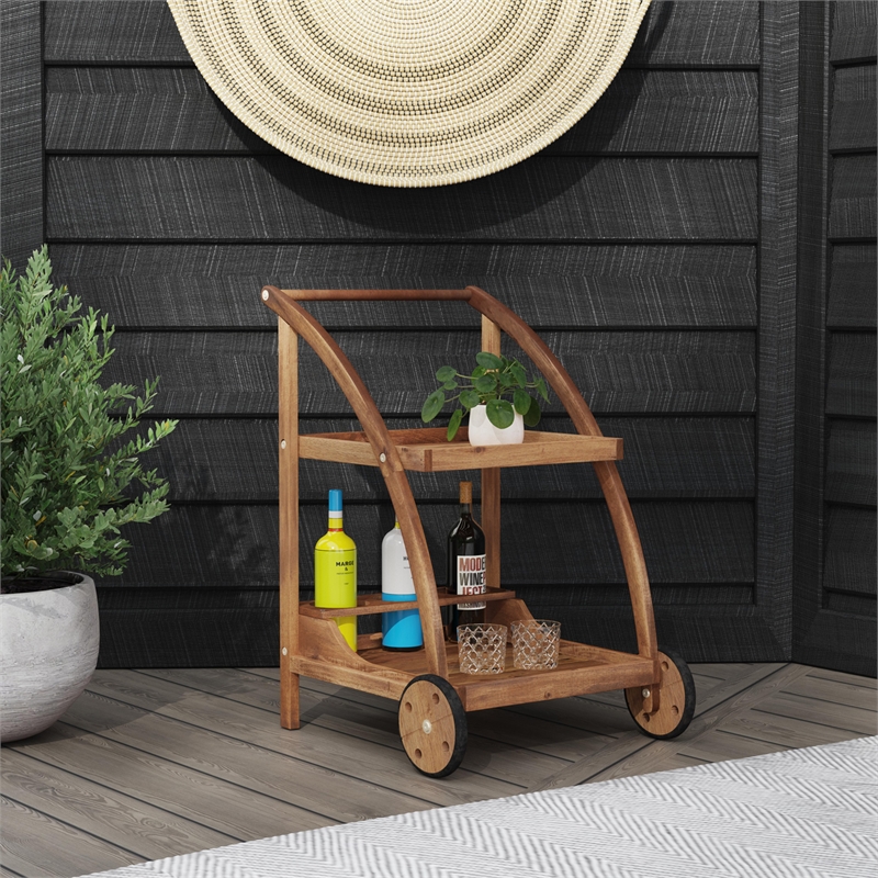 Linon Catalan Outdoor Serving Trolley 2 Levels with Wheels in Acorn Brown Wood