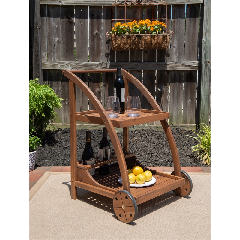 Linon Catalan Outdoor Serving Trolley 2 Levels with Wheels in Acorn Brown Wood