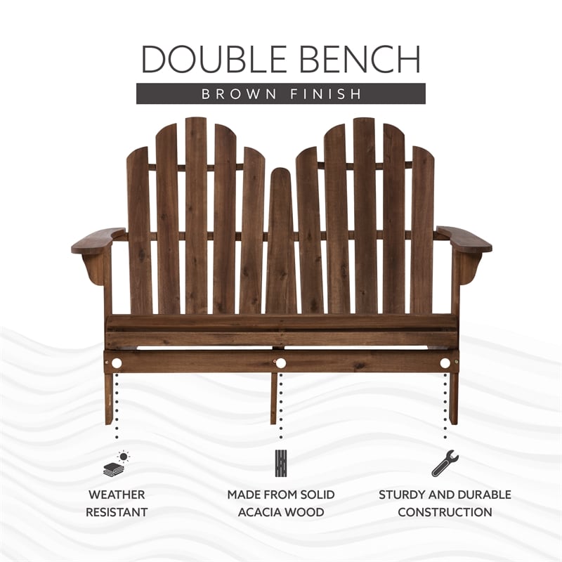Linon Adirondack Solid Acacia Wood Outdoor Double Bench in Acorn Brown Stain