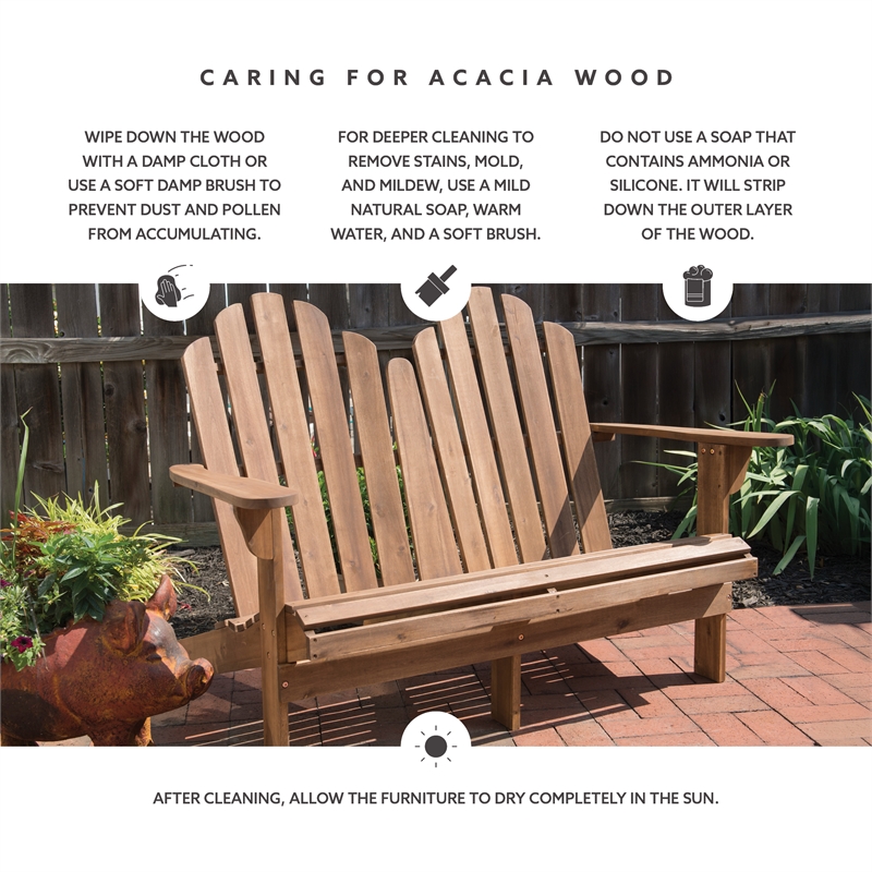 Linon Adirondack Solid Acacia Wood Outdoor Double Bench in Acorn Brown Stain