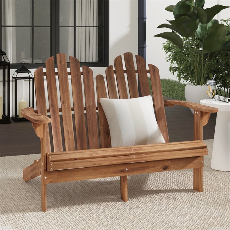 Linon Adirondack Solid Acacia Wood Outdoor Double Bench in Acorn Brown Stain