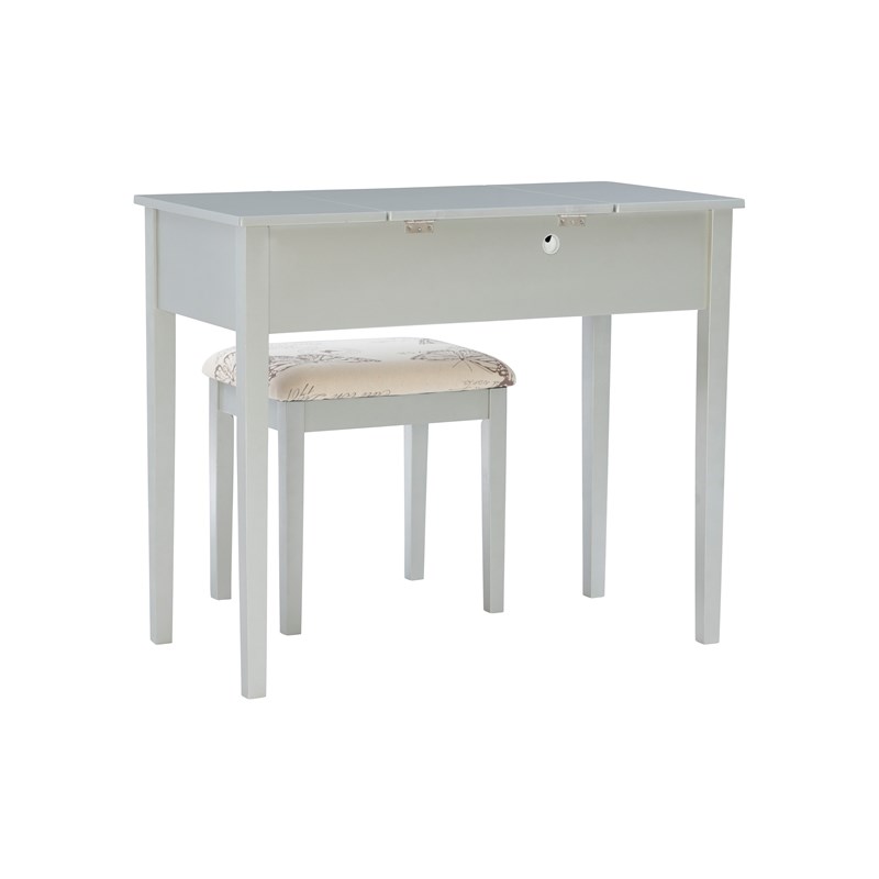 Linon Butterfly Vanity & Padded Stool Flip Up Mirror 2 Drawers in Silver Wood