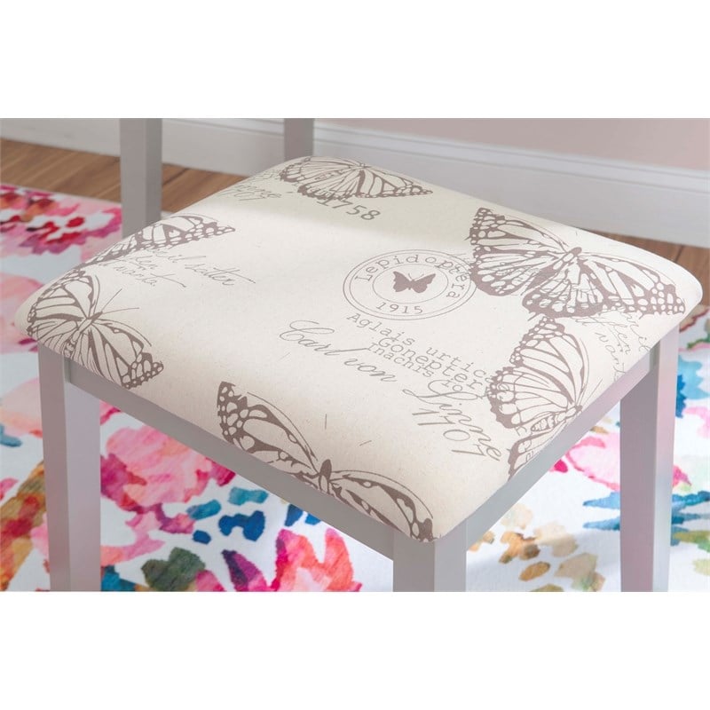 Linon Butterfly Vanity & Padded Stool Flip Up Mirror 2 Drawers in Silver Wood