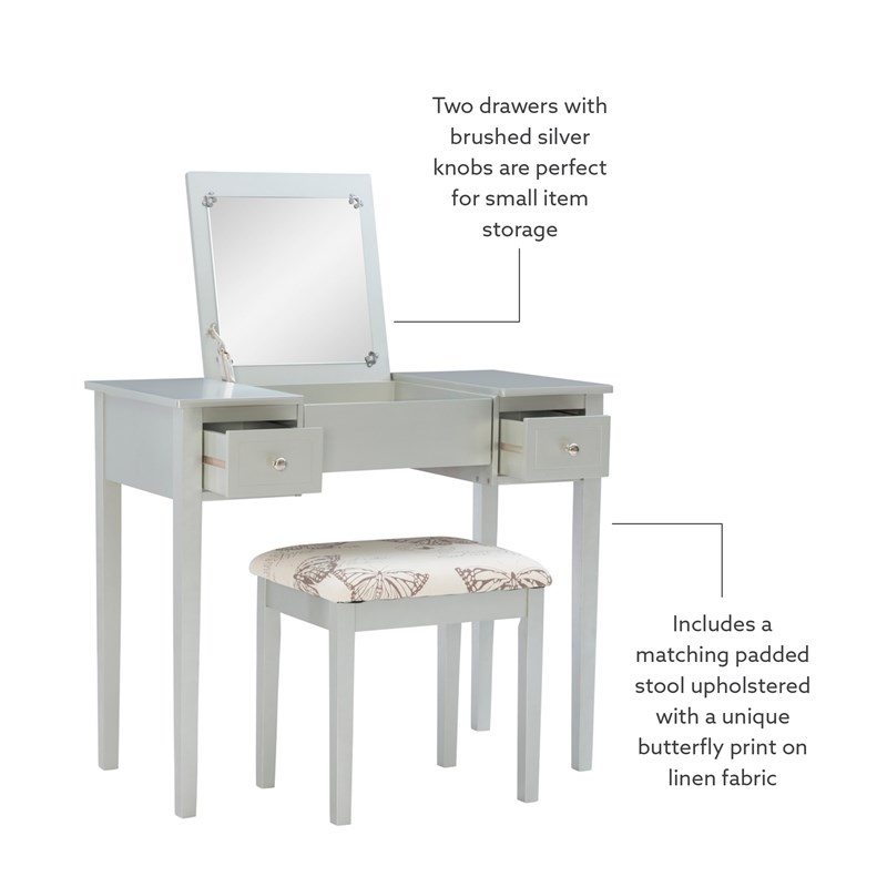 Linon Butterfly Vanity & Padded Stool Flip Up Mirror 2 Drawers in Silver Wood