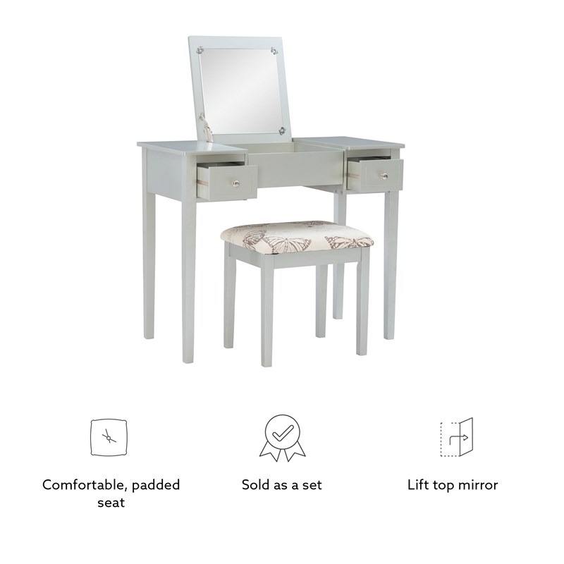 Linon Butterfly Vanity & Padded Stool Flip Up Mirror 2 Drawers in Silver Wood