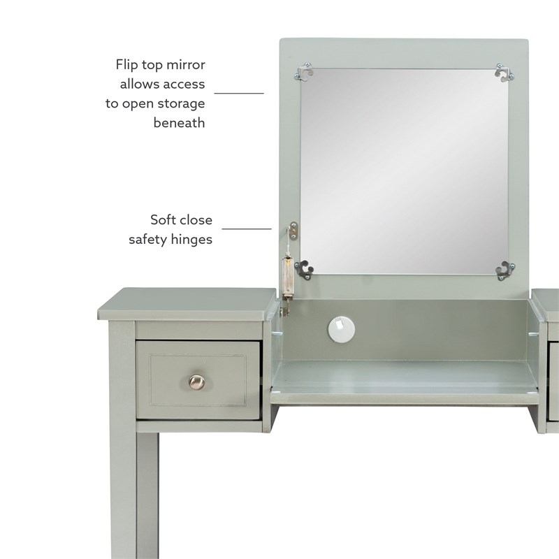 Linon Butterfly Vanity & Padded Stool Flip Up Mirror 2 Drawers in Silver Wood