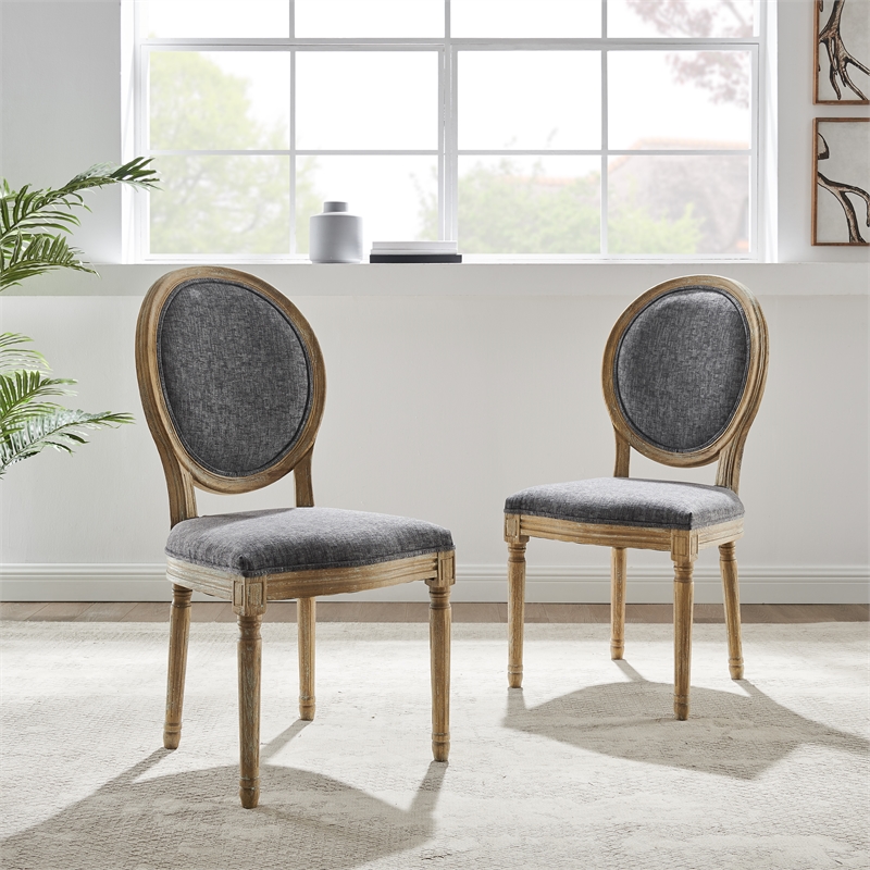 Linon Avalon Oak Wood Oval Back Set of Two Upholstered Dining Chairs in Charcoal