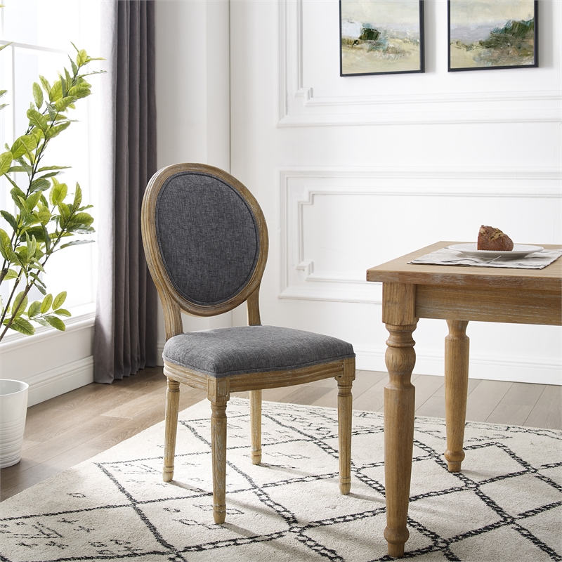 Linon Avalon Oak Wood Oval Back Set of Two Upholstered Dining Chairs in Charcoal