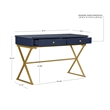 Linon Campaign Two Drawer Desk Gold Metal Criss Cross Legs Top in Blue Wood
