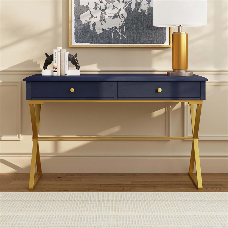 Linon Campaign Two Drawer Desk Gold Metal Criss Cross Legs Top in Blue Wood