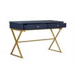 Linon Campaign Two Drawer Desk Gold Metal Criss Cross Legs Top in Blue Wood