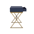 Linon Campaign Two Drawer Desk Gold Metal Criss Cross Legs Top in Blue Wood