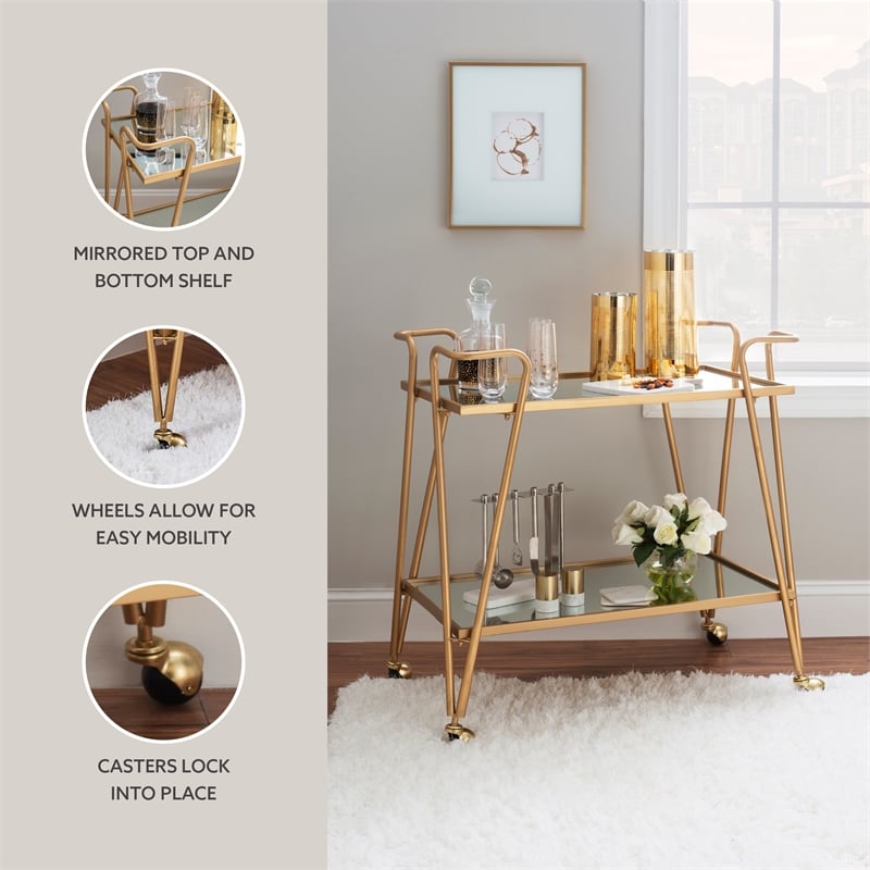 Linon Mia Metal and Mirrored Mid-Century 2 Level Rolling Bar Cart in Gold