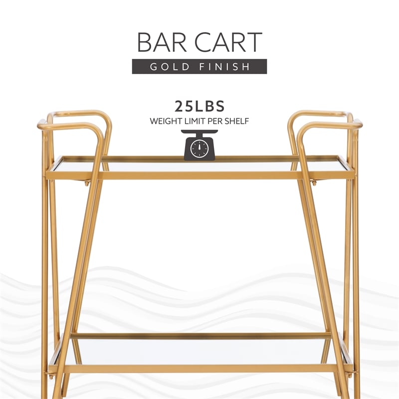 Linon Mia Metal and Mirrored Mid-Century 2 Level Rolling Bar Cart in Gold