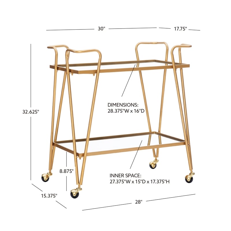 Linon Mia Metal and Mirrored Mid-Century 2 Level Rolling Bar Cart in Gold