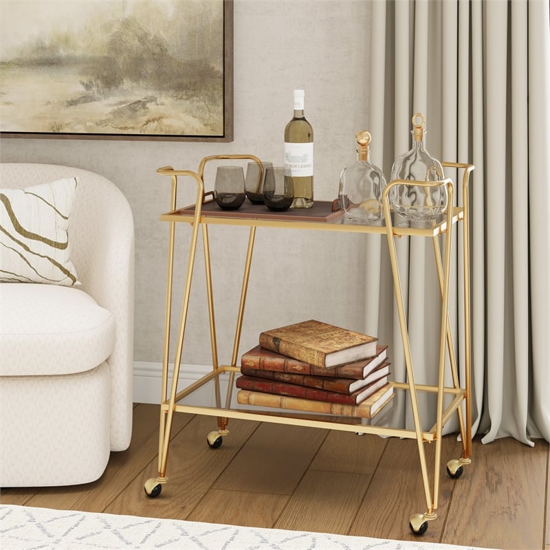 Linon Mia Metal and Mirrored Mid-Century 2 Level Rolling Bar Cart in Gold
