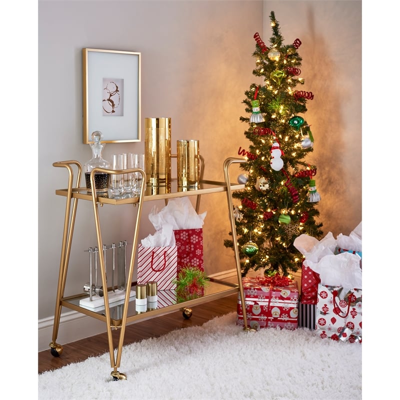 Linon Mia Metal and Mirrored Mid-Century 2 Level Rolling Bar Cart in Gold