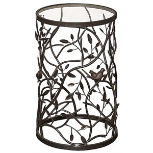 Linon Bird and Branch Round Glass Top Accent Table in Brown