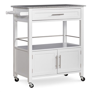 Linon Cameron Wood Granite Top Rolling Kitchen Cart Ample Storage in White