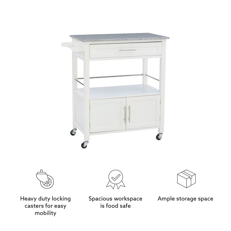 Linon Cameron Wood Granite Top Rolling Kitchen Cart Ample Storage in White