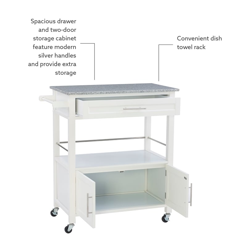 Linon Cameron Wood Granite Top Rolling Kitchen Cart Ample Storage in White