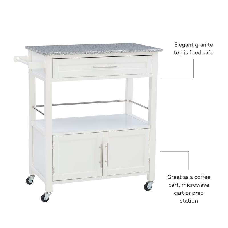 Linon Cameron Wood Granite Top Rolling Kitchen Cart Ample Storage in White