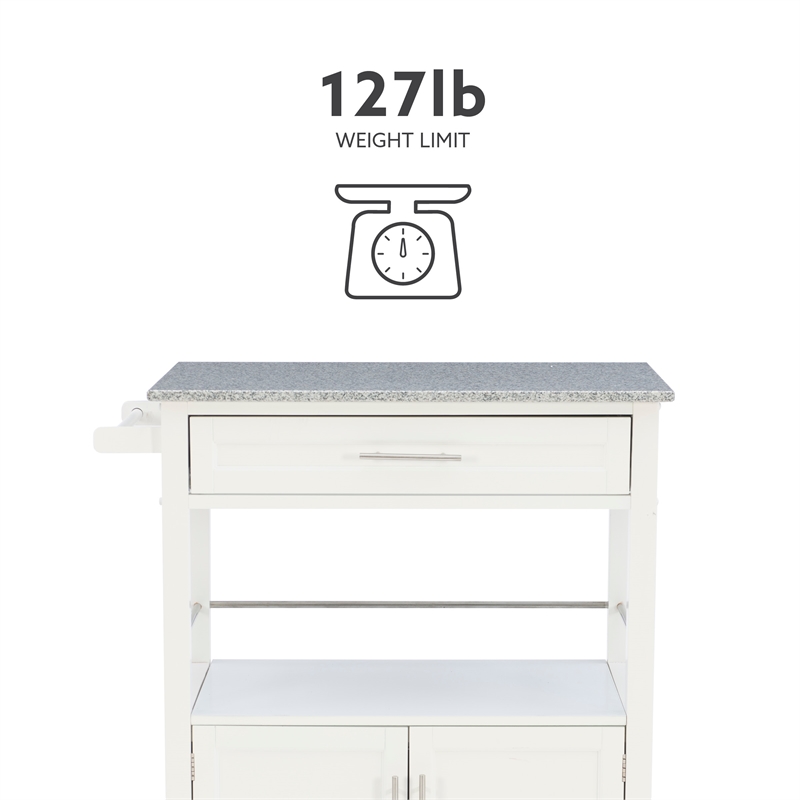 Linon Cameron Wood Granite Top Rolling Kitchen Cart Ample Storage in White