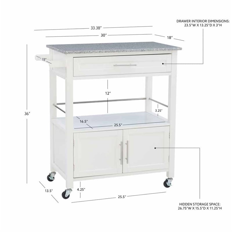 Linon Cameron Wood Granite Top Rolling Kitchen Cart Ample Storage in White