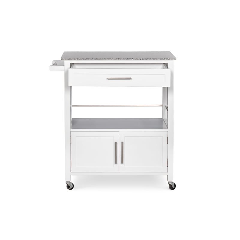 Linon Cameron Wood Granite Top Rolling Kitchen Cart Ample Storage in White