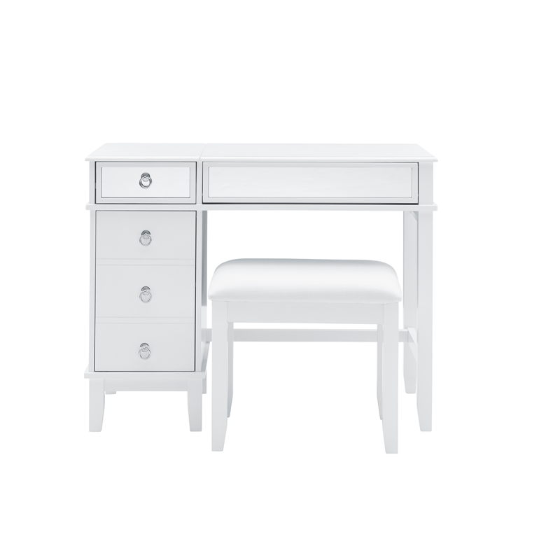 Linon Eva Wood and Mirrored Vanity & Stool Set with Storage in White