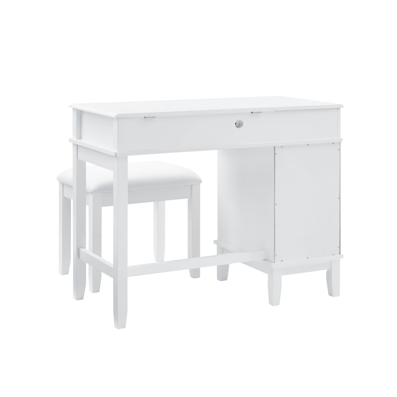 Linon Eva Wood and Mirrored Vanity & Stool Set with Storage in White