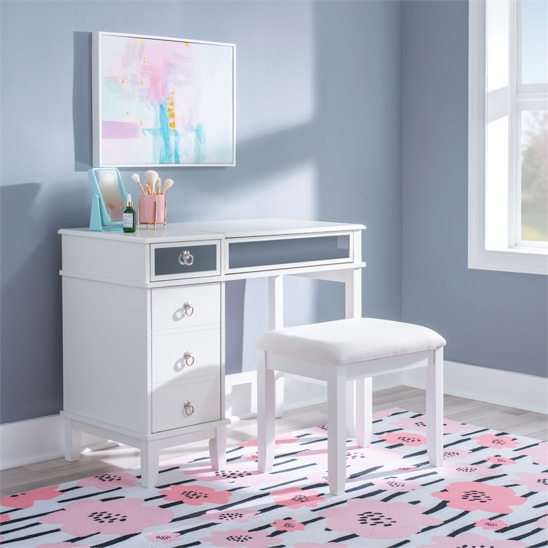 Linon Eva Wood and Mirrored Vanity & Stool Set with Storage in White