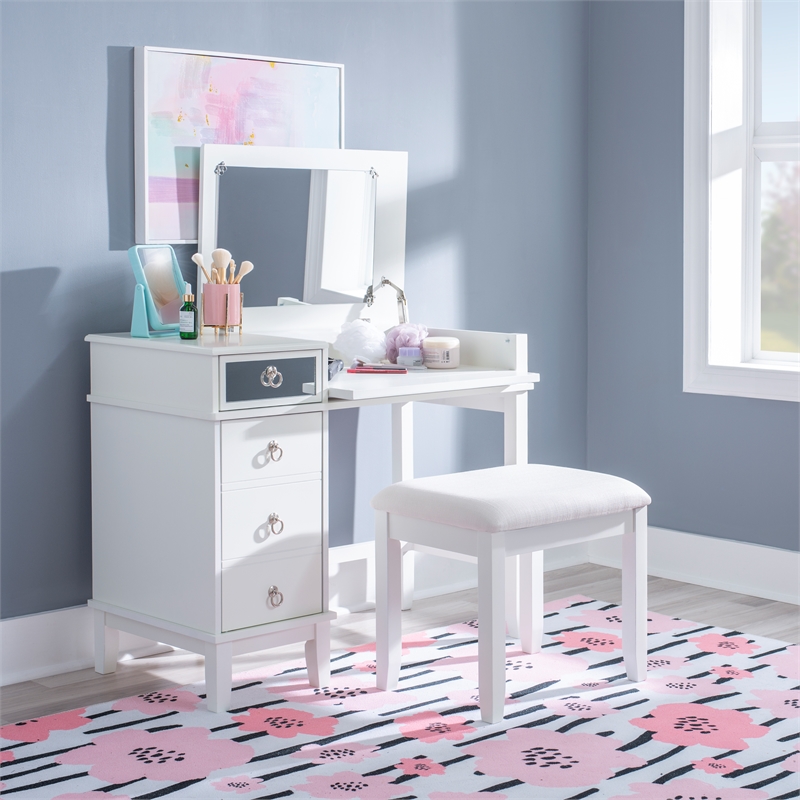 Linon Eva Wood and Mirrored Vanity & Stool Set with Storage in White