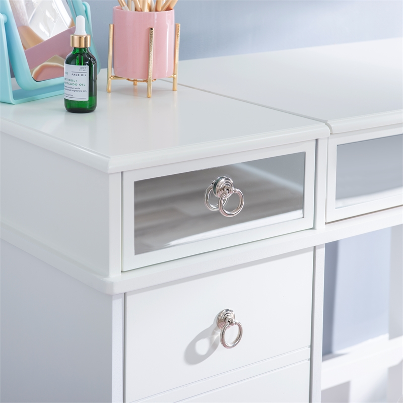 Linon Eva Wood and Mirrored Vanity & Stool Set with Storage in White