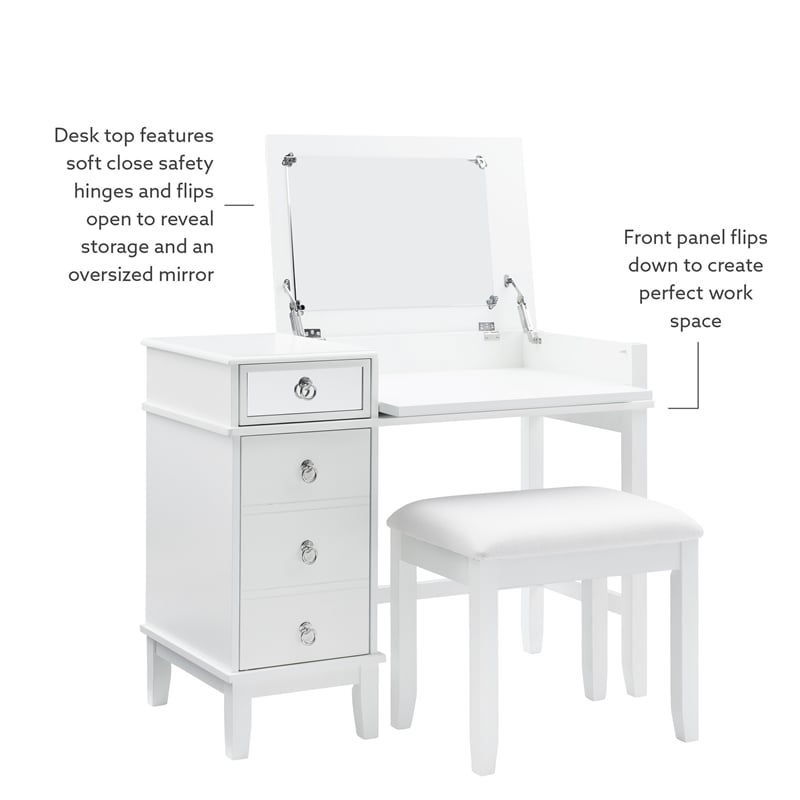 Linon Eva Wood and Mirrored Vanity & Stool Set with Storage in White