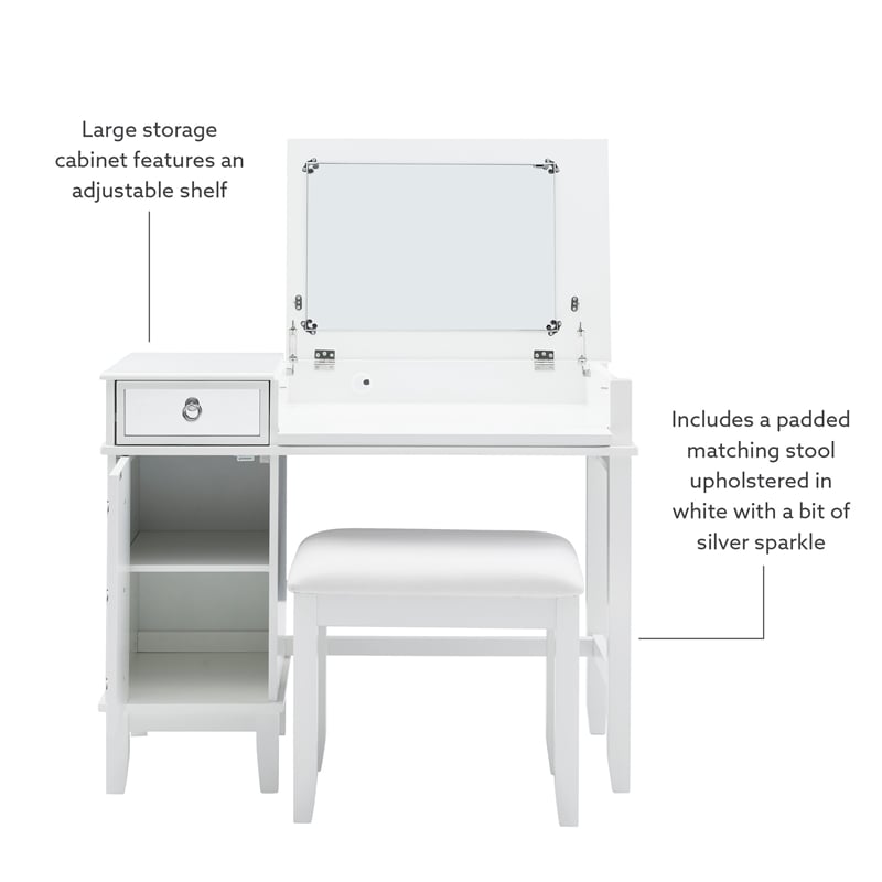 Linon Eva Wood and Mirrored Vanity & Stool Set with Storage in White