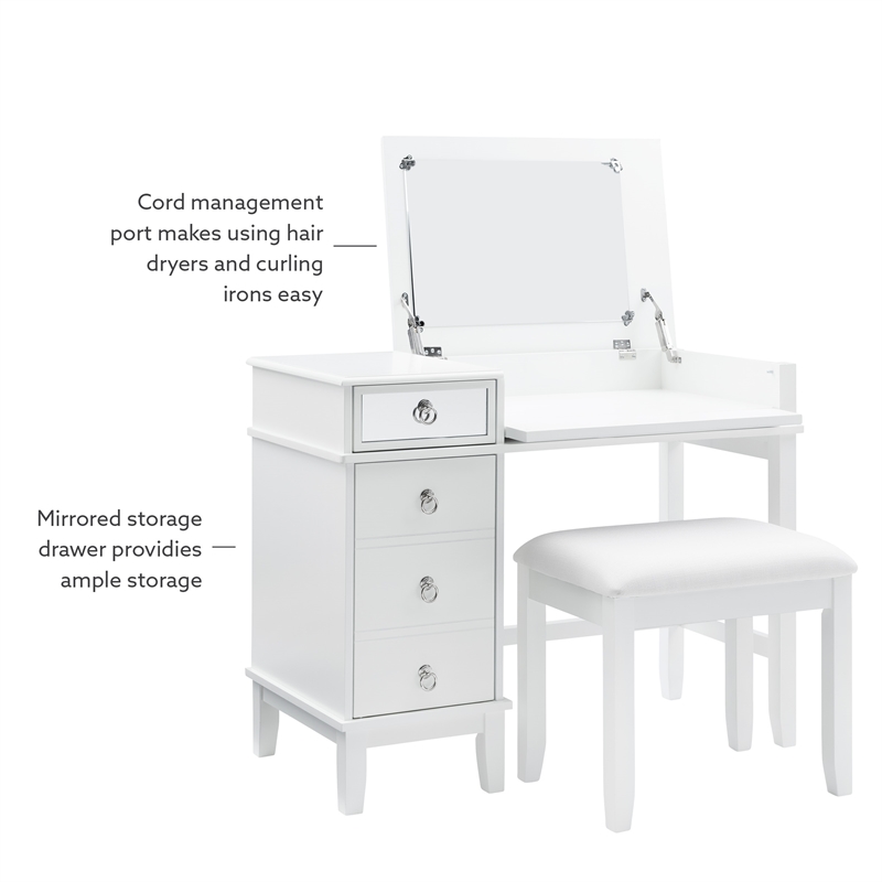 Linon Eva Wood and Mirrored Vanity & Stool Set with Storage in White