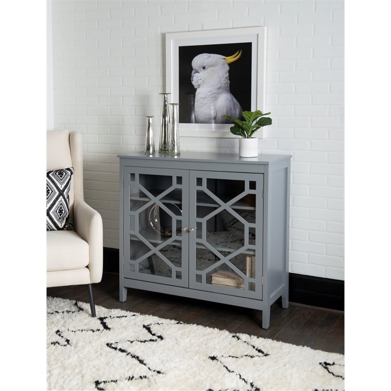 Linon Betty Large Wood Cabinet with 2 Glass Paneled Doors and 3 Shelves in Gray