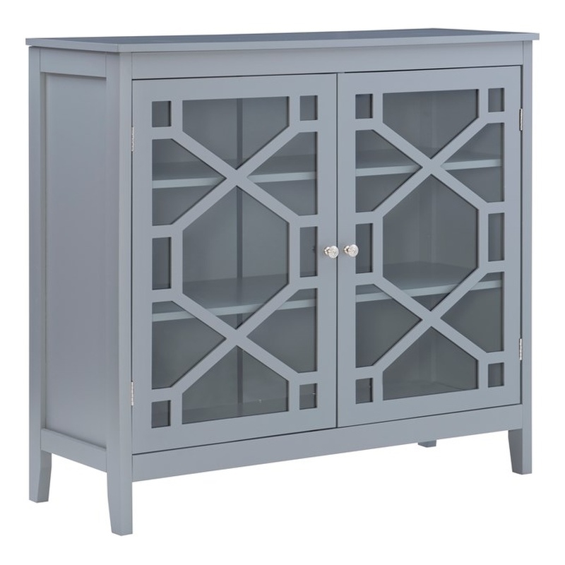 Linon Betty Large Wood Cabinet with 2 Glass Paneled Doors and 3 Shelves in Gray