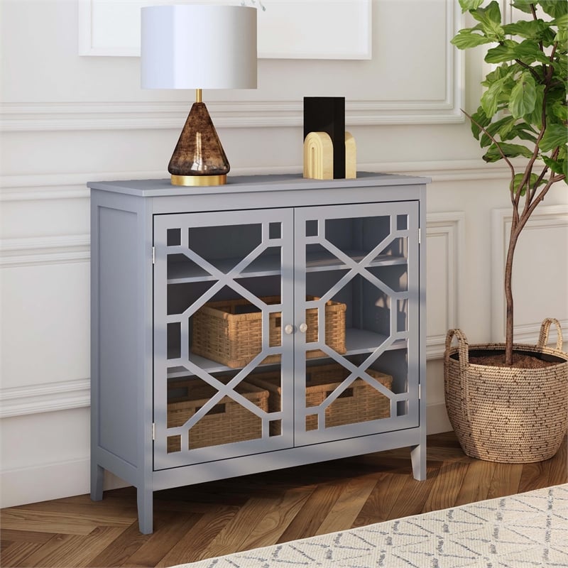 Linon Betty Large Wood Cabinet with 2 Glass Paneled Doors and 3 Shelves in Gray