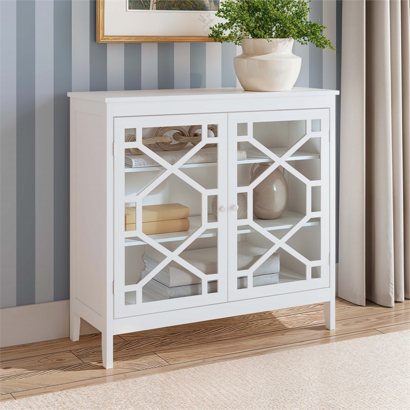 Linon Betty Large Wood Cabinet with 2 Glass Paneled Doors and 3 Shelves in White