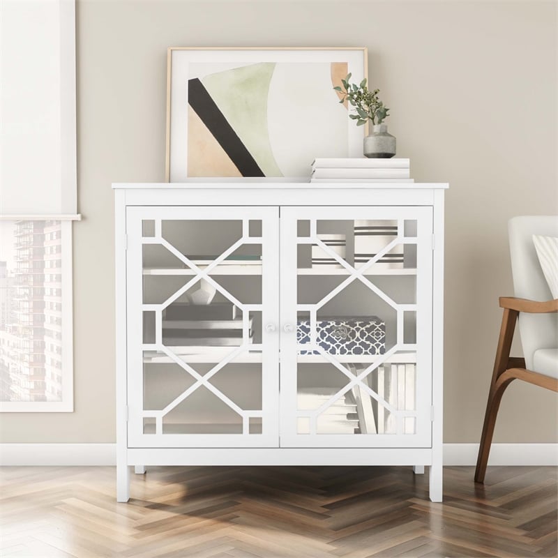 Linon Betty Large Wood Cabinet with 2 Glass Paneled Doors and 3 Shelves in White