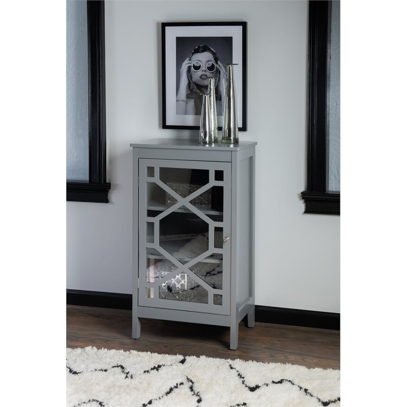 Linon Betty Small Wood Cabinet with a Glass Paneled Door and 3 Shelves in Gray