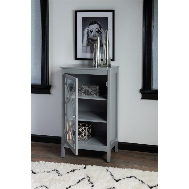 Linon Betty Small Wood Cabinet with a Glass Paneled Door and 3 Shelves in Gray