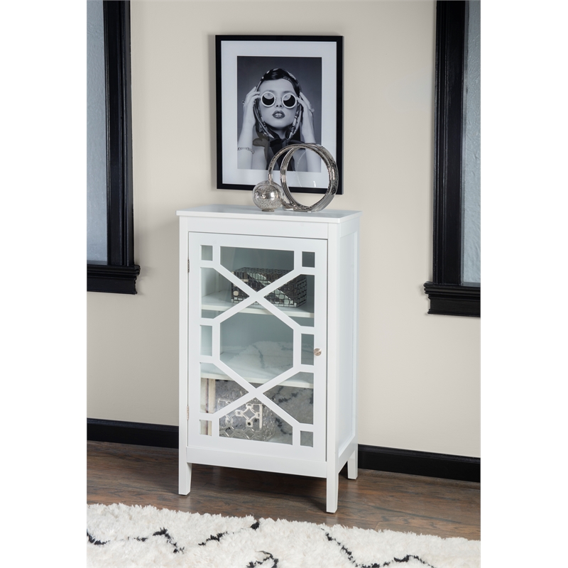 Linon Betty Small Wood Cabinet with a Glass Paneled Door and 3 Shelves in White