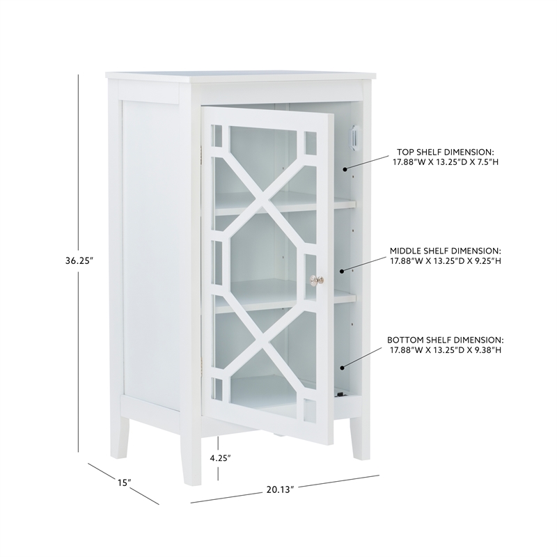 Linon Betty Small Wood Cabinet with a Glass Paneled Door and 3 Shelves in White
