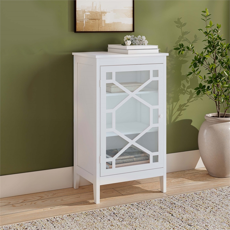 Linon Betty Small Wood Cabinet with a Glass Paneled Door and 3 Shelves in White