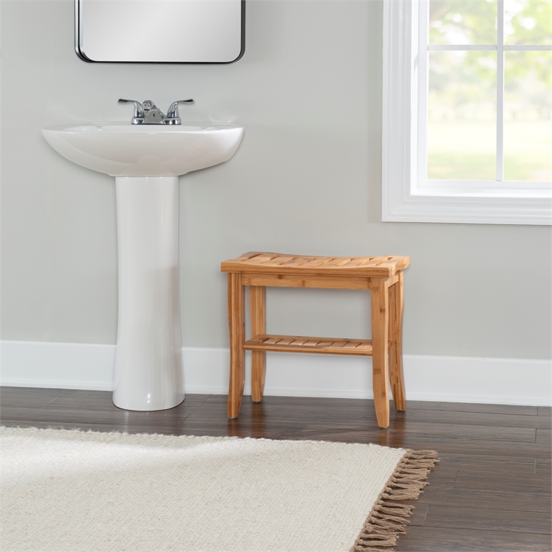 Linon Bracken Sturdy Solid Bamboo Bathroom Stool with Shelf in Natural Brown