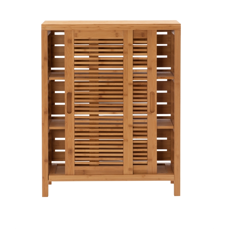 Linon Bracken Sturdy Solid Bamboo 2 Door 3 Shelf Floor Cabinet in Natural Brown