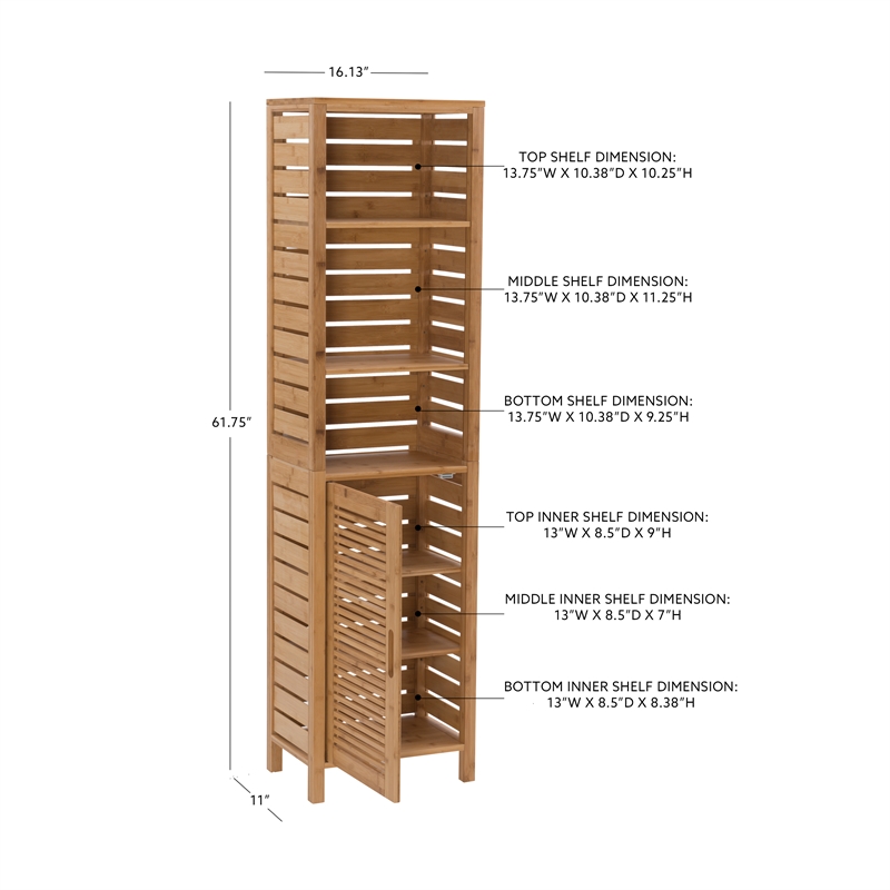 Linon Bracken Sturdy Solid Bamboo Six Shelf Tower with Door in Natural Brown